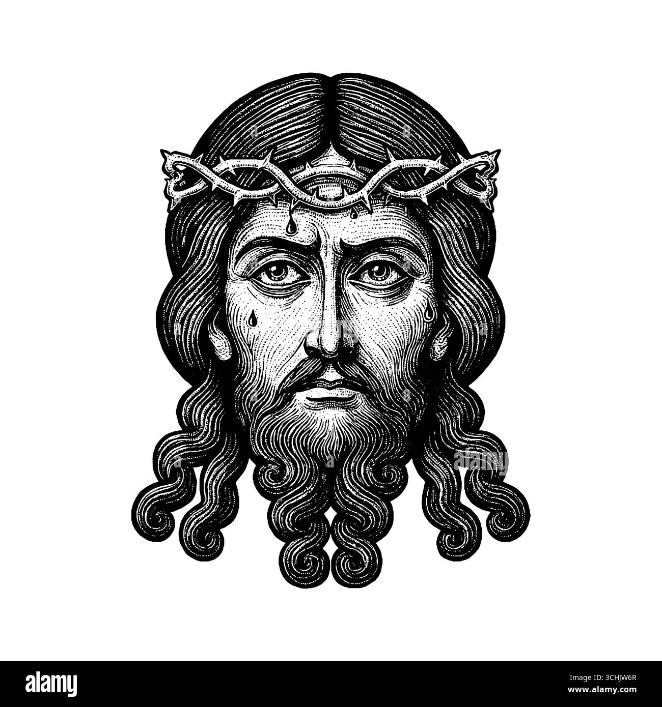 Eine fiktive Darstellung des Gesichts des Erlösers und Erlösers Jesus Christus mit einer Dornenkrone, handgezeichnet im Stile Stock Vektor