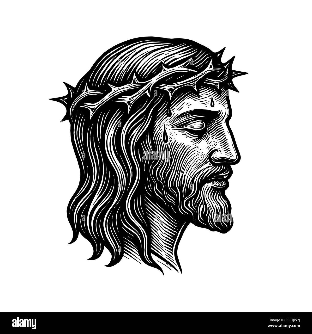 Eine fiktive Darstellung des Gesichts des Erlösers und Erlösers Jesus Christus mit einer Dornenkrone, handgezeichnet im Stile Stock Vektor