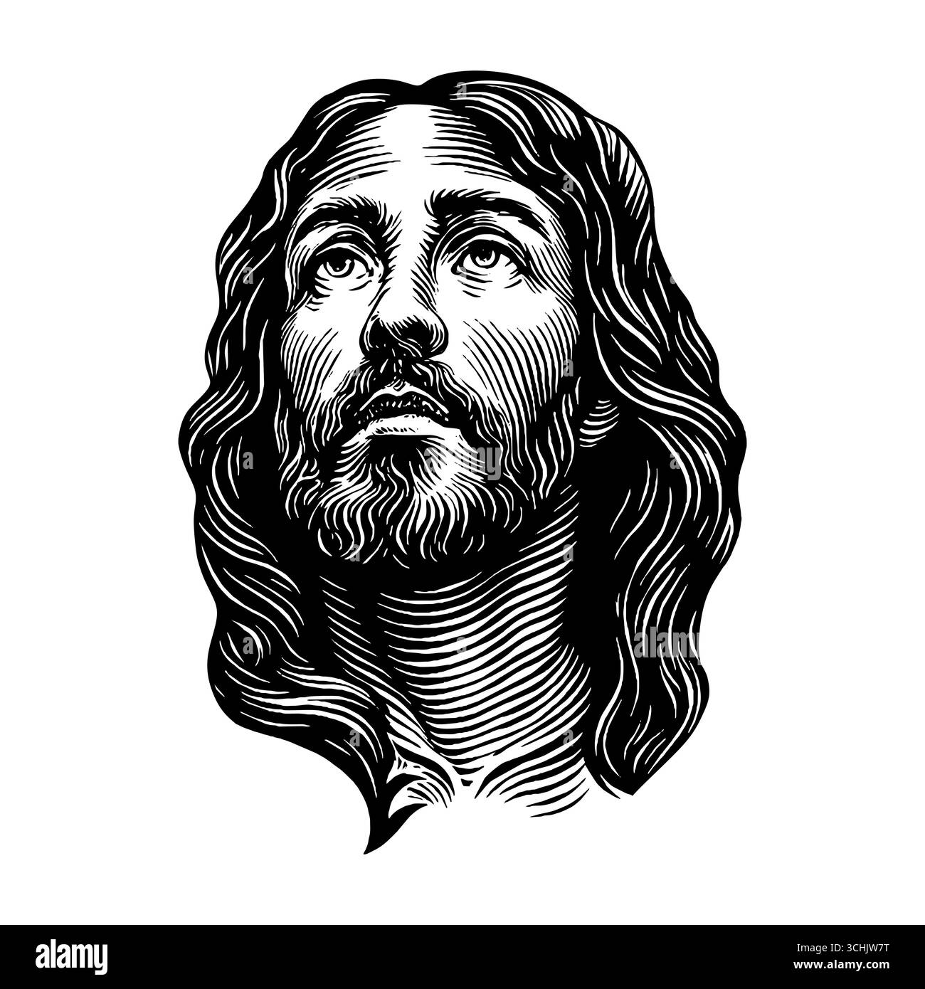 Eine fiktive Darstellung des Gesichts des Erlösers und Erlösers Jesus Christus, handgezeichnet in einem Stich Stock Vektor