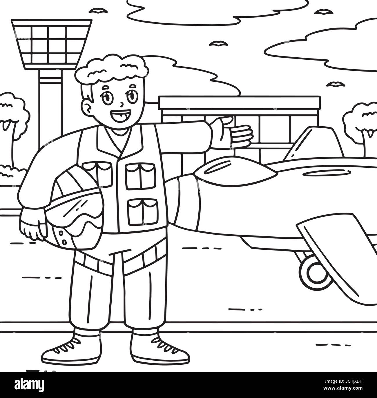 Männlicher Pilot, der für eine Farbseite für Jet-Flugzeug gekleidet ist Stock Vektor