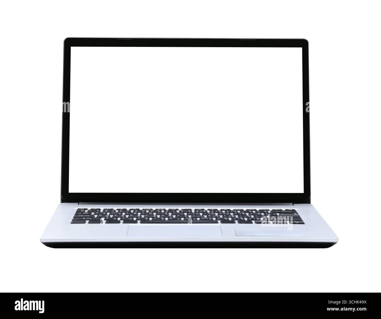 Modernes Notebook auf einem weißen Schreibtisch, isoliert auf weißem Hintergrund, mit Schnittpfaden, die Technologie und Ästhetik des Arbeitsplatzes präsentieren, ideal für digitales A Stockfoto