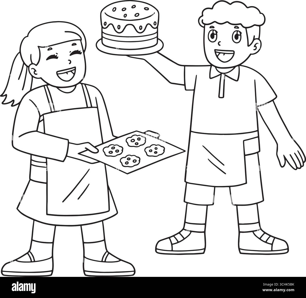 Bäckerkinder mit Backwaren, isolierte Färbung Stock Vektor