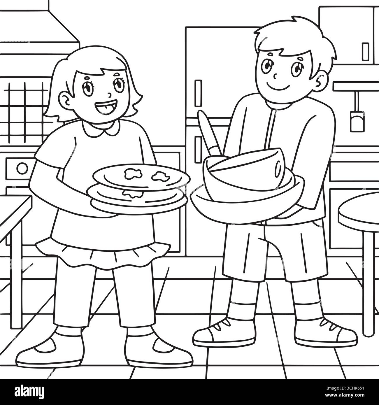 Koch Kinder Sammeln Gebrauchte Gerichte Malseite Stock Vektor