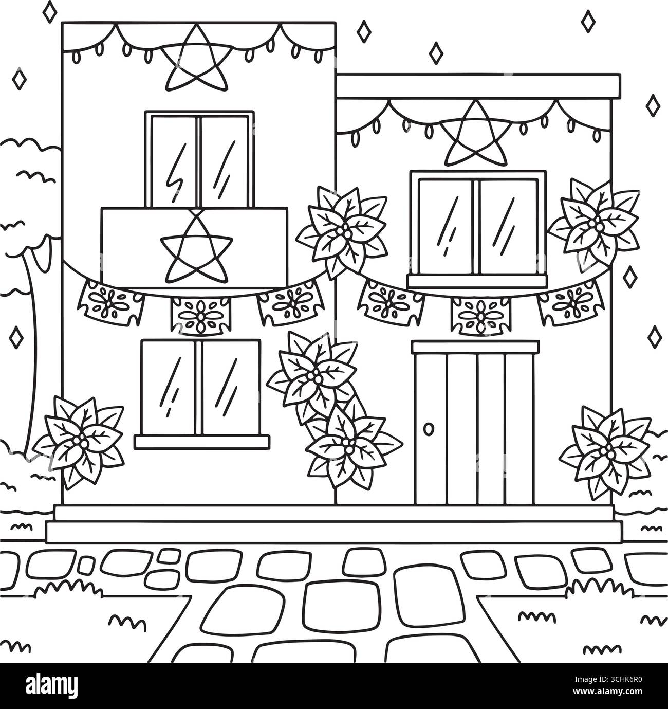Las Posadas dekorierte Haus Ausmalseite für Kinder Stock Vektor