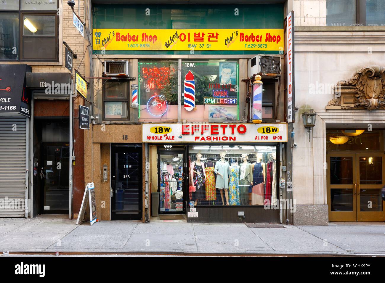 Effetto Fashion, Choi's Barber Shop, 18 W 37th St, New York, New York, New York, NYC, Ladenfront kleiner Unternehmen in Midtown Manhattan. Stockfoto