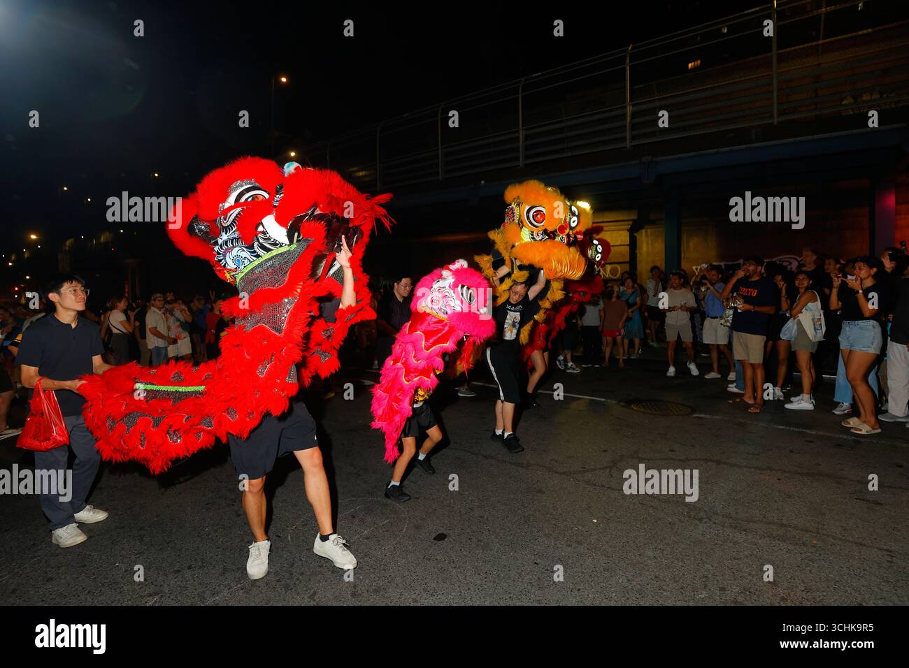 Tai Look 太陸 Lion Dance Team auf dem Chinatown Night Market, New York City, 15. August 2025. 紐約 美國 Stockfoto