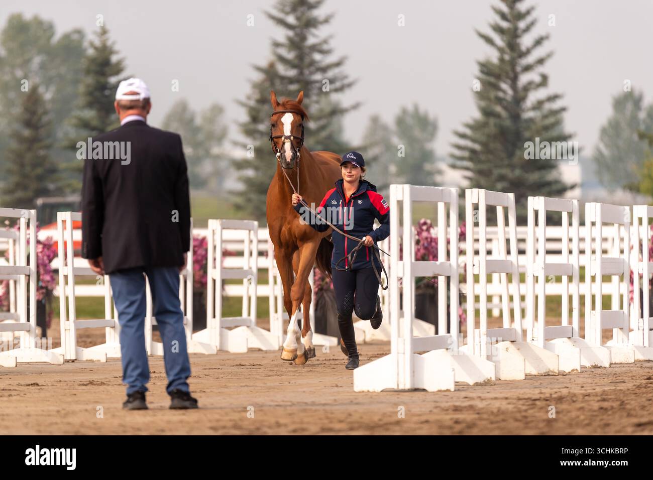 Calgary, Kanada - 2. September 2025. Team USA Reiterin Elena Haas wartet an der Reihe, bis ihr Pferd von den Tierärzten der Internationalen Föderation für Reitsport (F.E.I.) bewertet wird. Bevor ein F.E.I. 2* oder 5* Pferd gezeigt werden darf, muss es zuerst vom behandelnden Tierarzt beurteilt werden, um seine Gesundheit und Solidität für den Wettbewerb zu gewährleisten. Der Prozess wird allgemein als FEI-Jog, VET Check oder Trab Up bezeichnet und findet am ersten Tag des Wettbewerbs statt. Mark Spowart/Alamy Live News Stockfoto