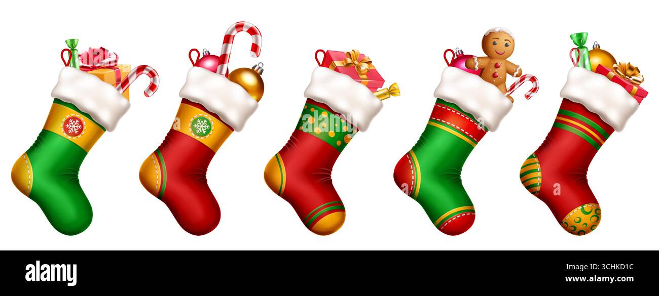Set aus fünf festlichen Weihnachtsstrümpfen mit Weihnachtsgeschenken wie Zuckerstangen, Lebkuchenmännern, Bällen und Geschenkboxen. Jeder Strumpf ist einzigartig Stock Vektor