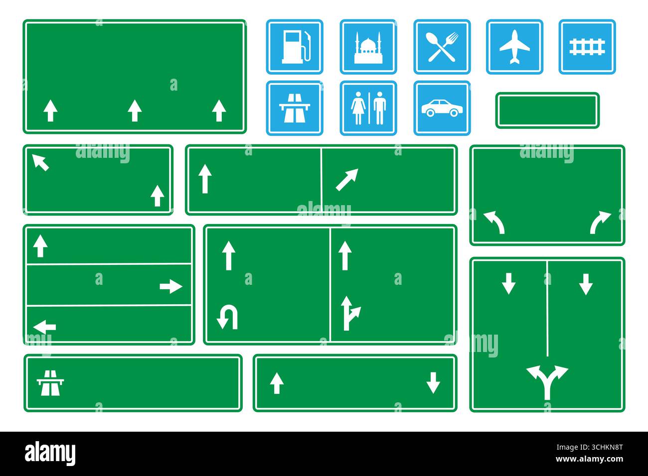 Zahlreiche grüne Straßenschilder mit Wegbeschreibungen und Abbiegungen sowie blaue Informationssymbole für Reisende. Stock Vektor