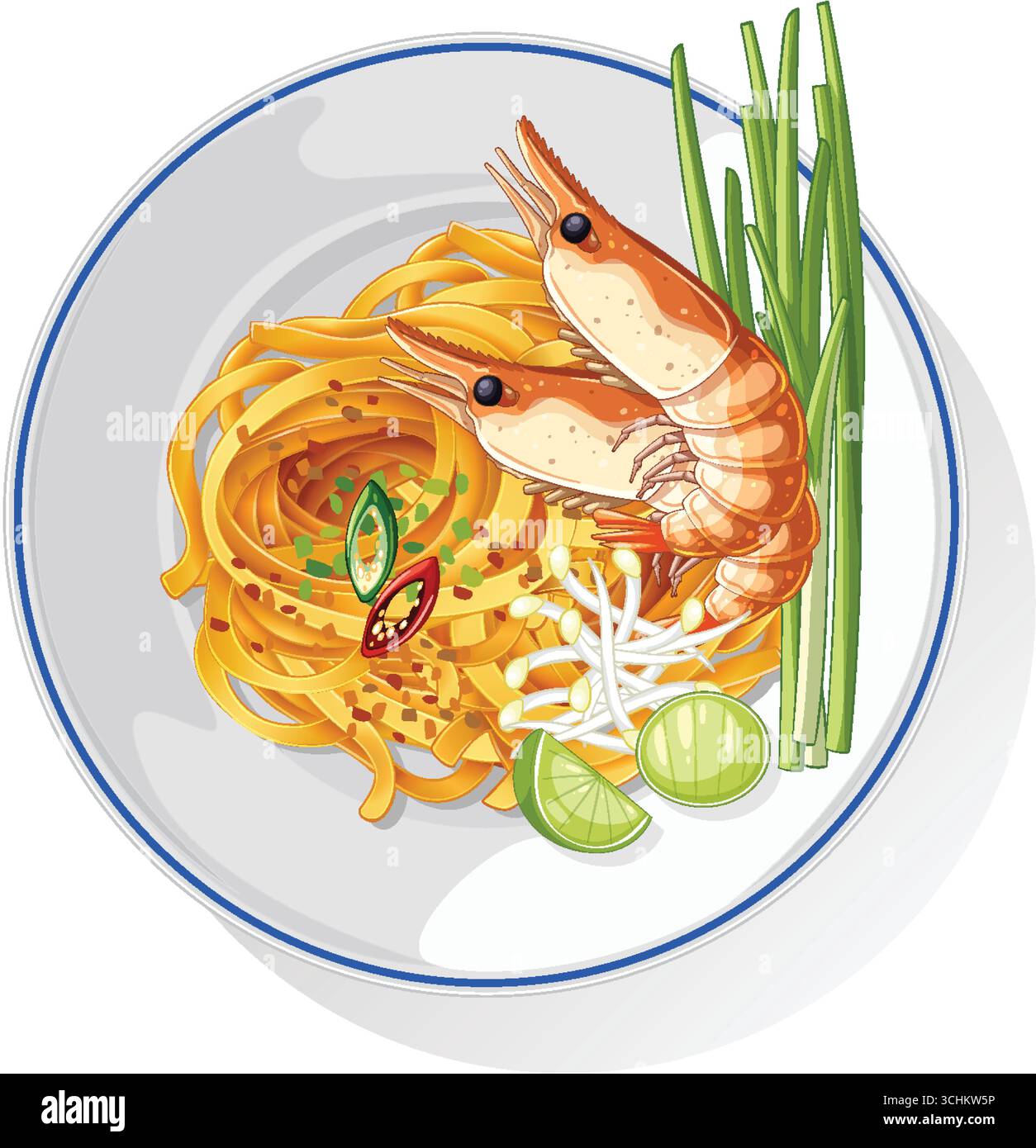 Bunte Vektor-Illustration von Garnelennudeln mit lebhaften Garnituren, klaren Linien und hellen Farben. Stock Vektor