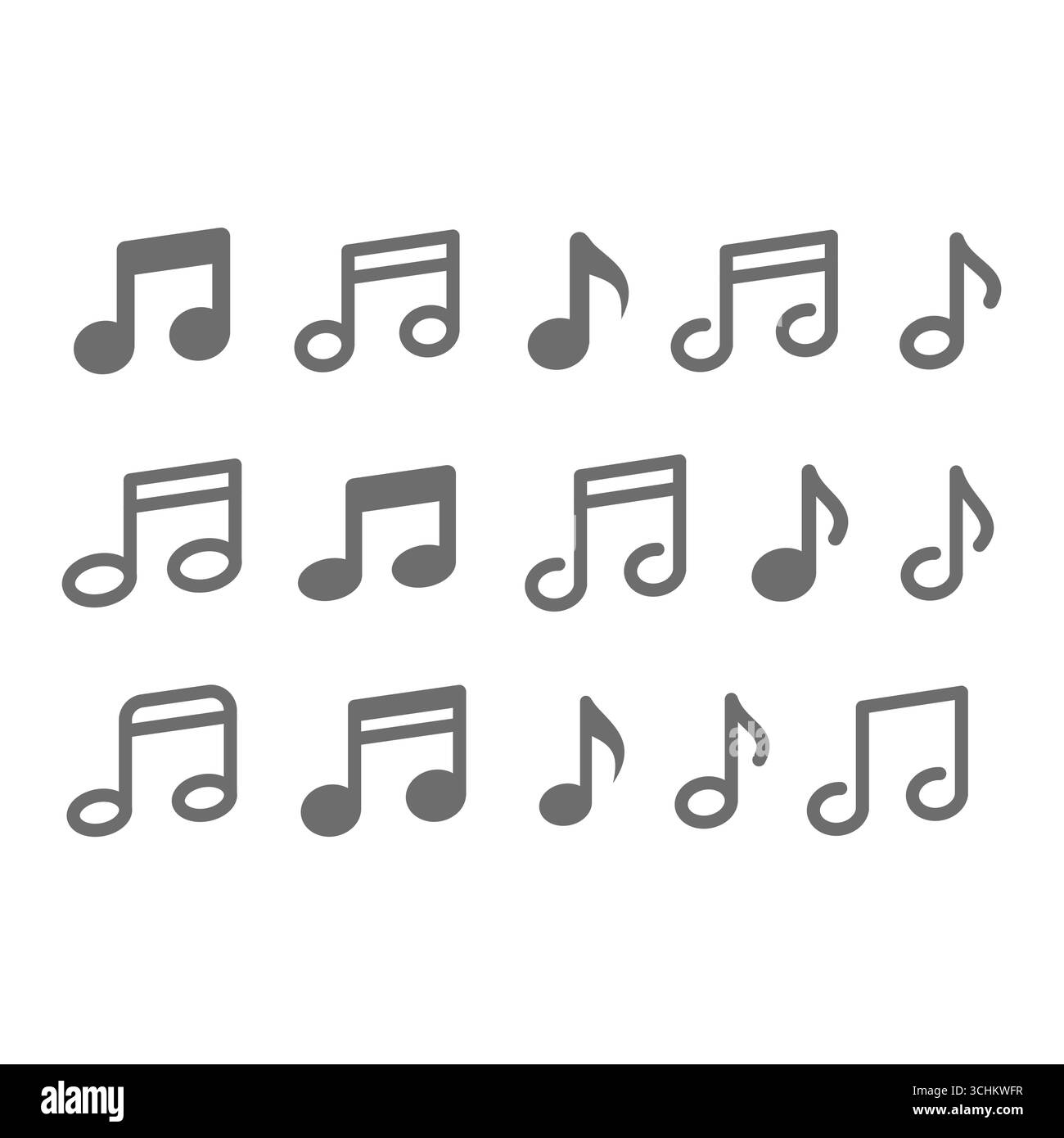 Vektorsymbole für Notennotizen. Symbolsatz für gefüllte Noten und bearbeitbare Linien. Stock Vektor