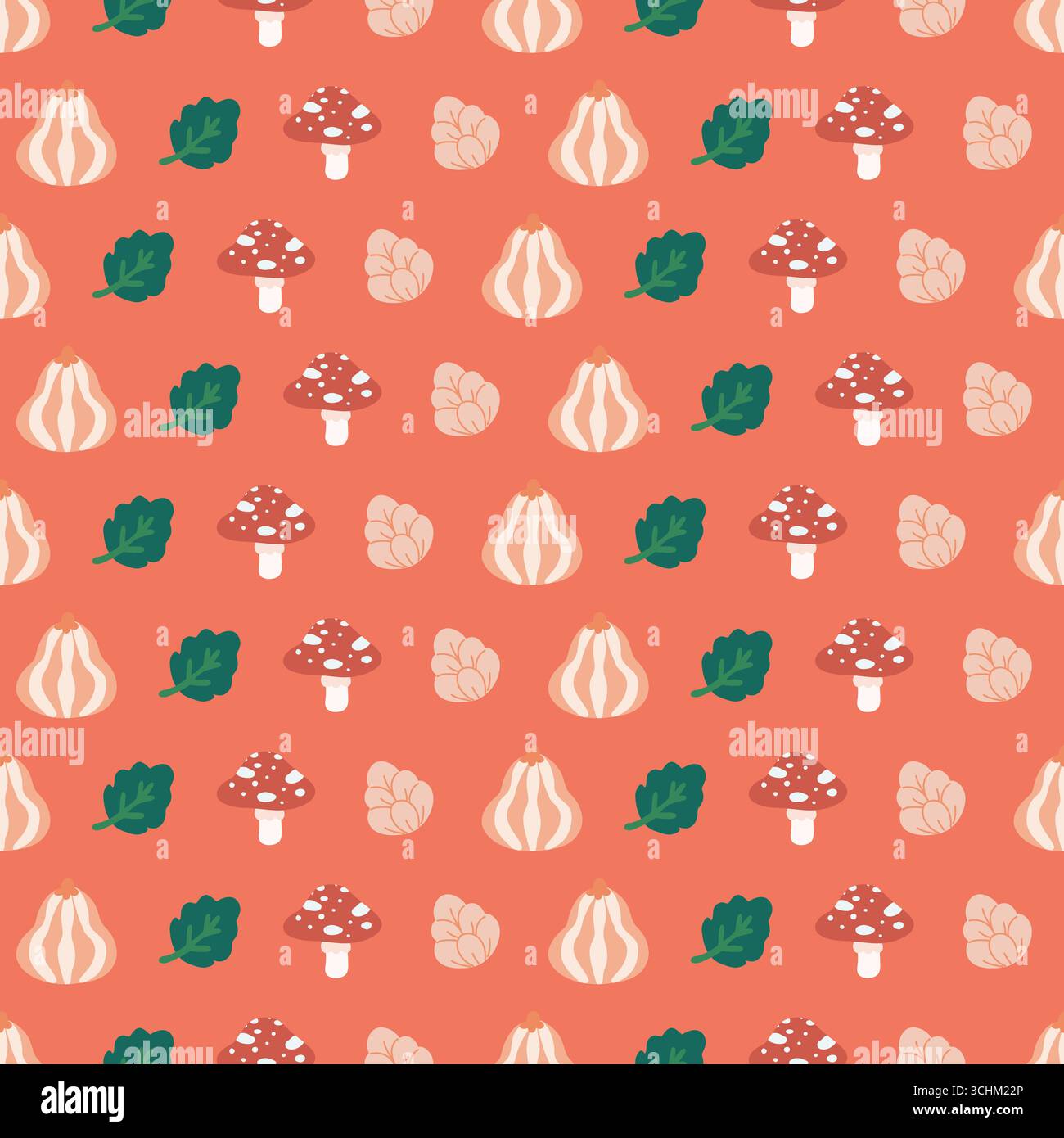 Korallenroter Herbst Pilze Blätter Eicheln Muster Stock Vektor