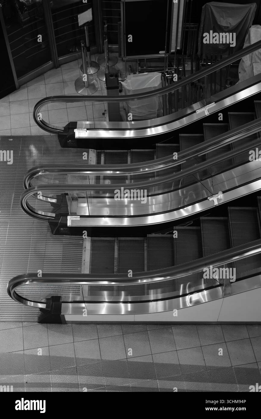 Symmetrische Ansicht leerer Rolltreppen in einem geräuscharmen Innenraum, die industrielles Design und Stille einfängt. Schwarzweißtöne und moderne Architektur Stockfoto