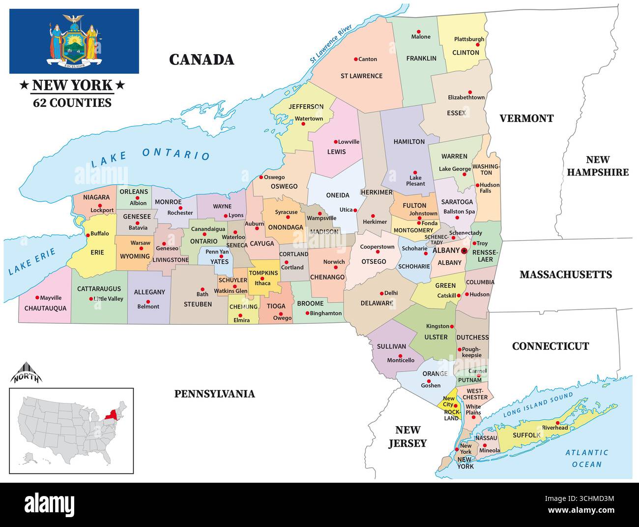 Landkarte des US-amerikanischen Bundesstaates New York Stockfoto