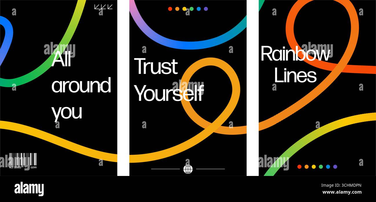 Modernes abstraktes Gradientenlinienplakat. Leuchtende Regenbogenbänder und wellige Wirbel-Elemente auf dunklem Hintergrund Stock Vektor