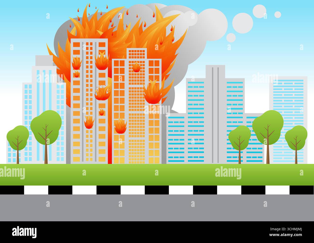 Feuer bauen. Brennendes Gebäude. Wolkenkratzer in Brand von Krieg, Erdbeben, Bombenexplosion. Vektorabbildung. Stock Vektor