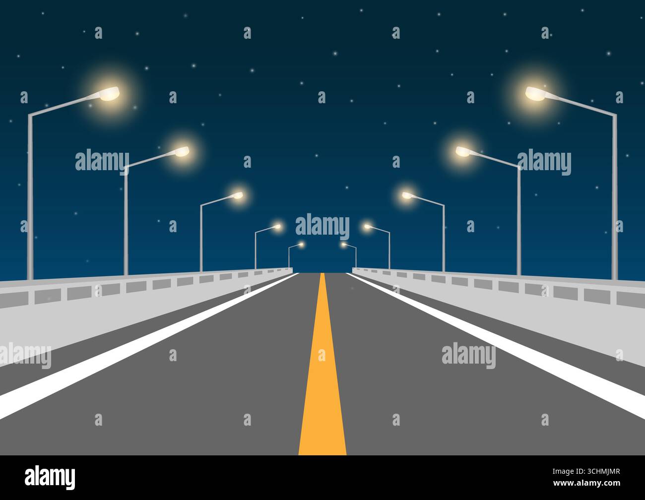 Autobahn oder Autobahn. Leere Asphaltstraße mit Straßenlaterne zur Stadt. Vektorabbildung. Stock Vektor