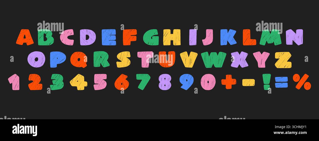Buntes Buntstift-Alphabet und Zahlen in strukturiertem Wachs-Pastellstil. Handgezeichnete, verspielte Kinderschriftart auf dunklem Hintergrund. Stock Vektor