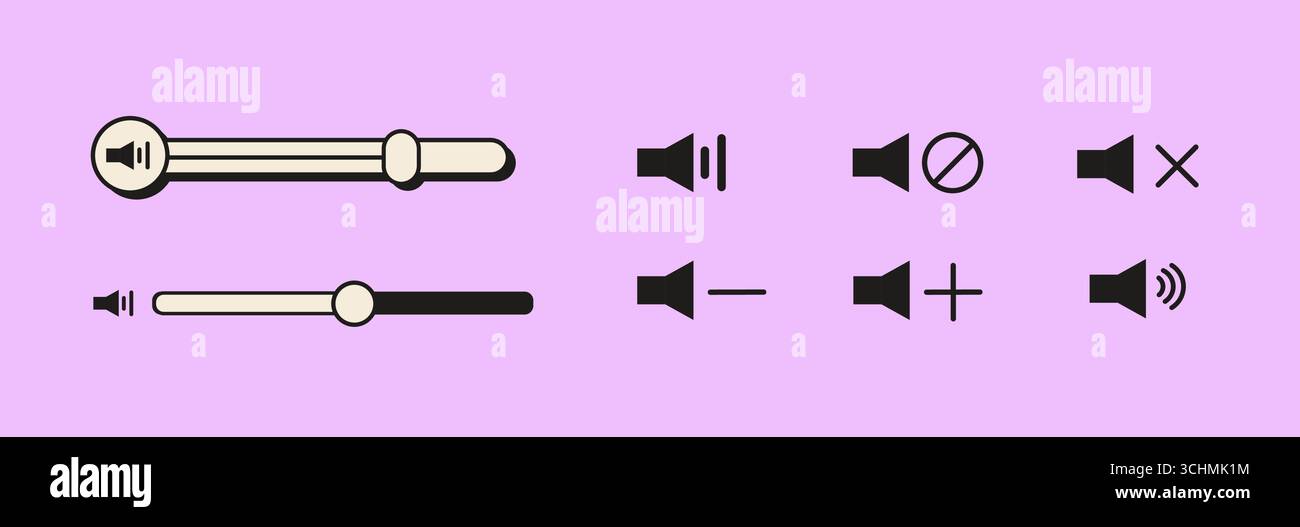 Retro Vaporwave UI Set mit Lautstärkereglern und Lautsprechersymbolen für die Medienschnittstelle. Symbole für Stummschaltung, ein- und Lautstärkeregelung im digitalen Stil der 90er Jahre Stock Vektor