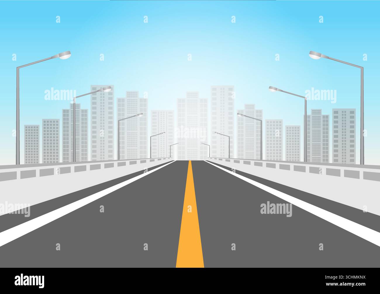Autobahn oder Autobahn. Leere Asphaltstraße mit Straßenlaterne zur Stadt. Vektorabbildung. Stock Vektor