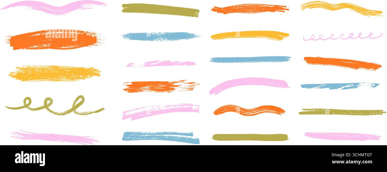 Kreide und Buntstift unterstreichen die Kollektion. Kritzelnde, wirbelnde und gerade Hervorhebungsstriche. Handgezeichnetes Vektor-Set. Stock Vektor