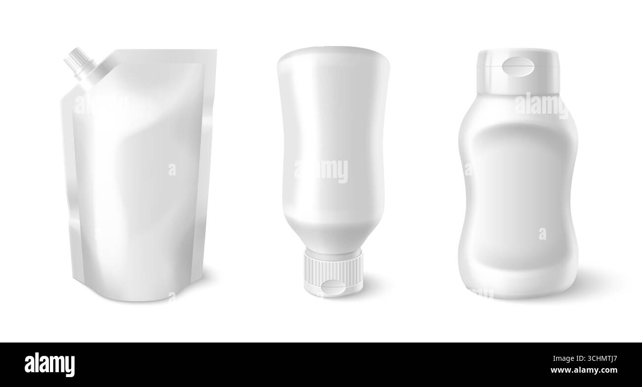 Weißes Soße-Paket mit Flasche, Beutel und Druckbehälter für Gewürze oder flüssige Produkte. Leerer Doypack mit Ausguss, umgedrehtem Röhrchen und Kunststoffkanne. Modellvorlagen für das Design von Lebensmittelverpackungen. Stock Vektor