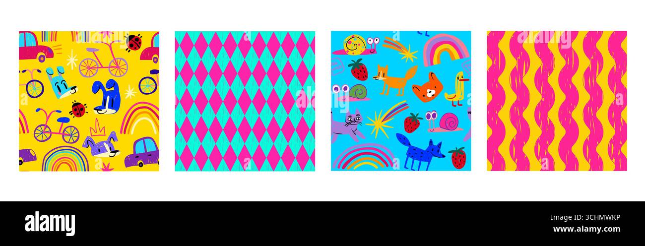 Kinder-Regenbogenschule nahtlose Muster mit Fahrrädern und Autos, Tiere auf gelbem und blauem Hintergrund mit geometrischen Mustern. Helle kindliche Motive für Textilien oder Tapeten. Spielerische, sich wiederholende Elemente Stock Vektor