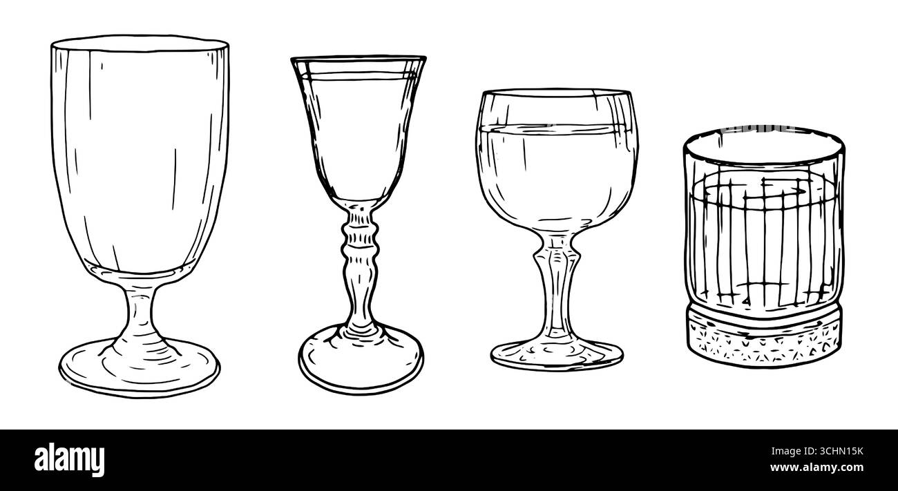 Eleganter Cocktail, Martini- oder Likörgläser, Schwarzweiß-Skizze. Vektorabbildung. Ein Geschirr für eine Bar oder einen Nachtclub, isoliert auf einem Wi Stock Vektor