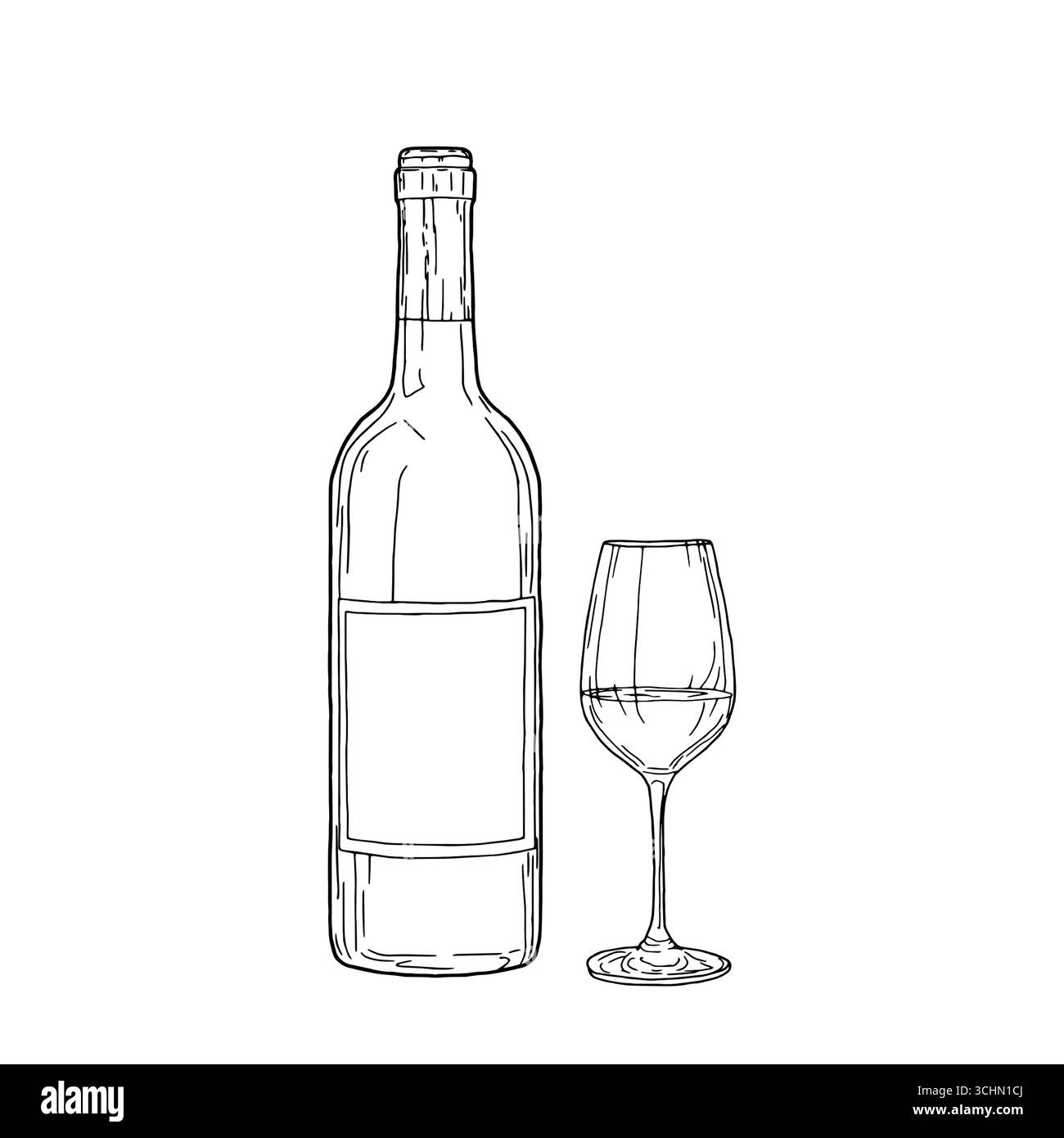 Flasche Wein mit Etikett und Glas auf dünnem Bein, schwarz-weiße Skizze. Vektorabbildung. Ein klassisches Glas für ein alkoholisches Getränk, isoliert auf Stock Vektor
