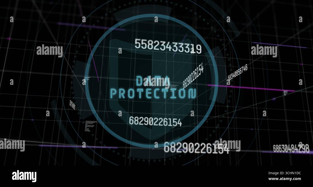 Anzeige einer kreisförmigen digitalen Schnittstelle über Datenraster, mit Abschirmungssymbol und numerischen Codefolgen Stockfoto