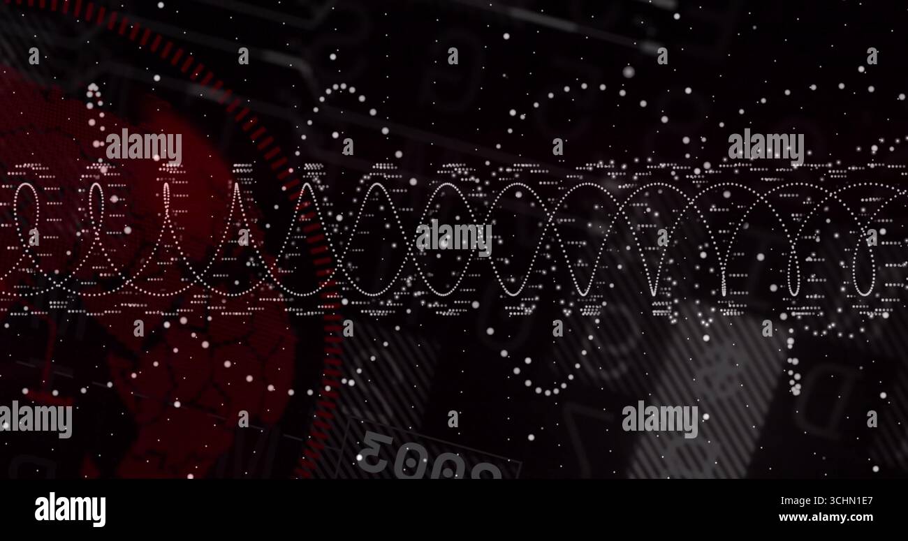 Anzeige des horizontalen weißen Wellenformmusters, das über das Netzwerk pulsiert, mit roter Skala und numerischen Werten von 5000 Stockfoto