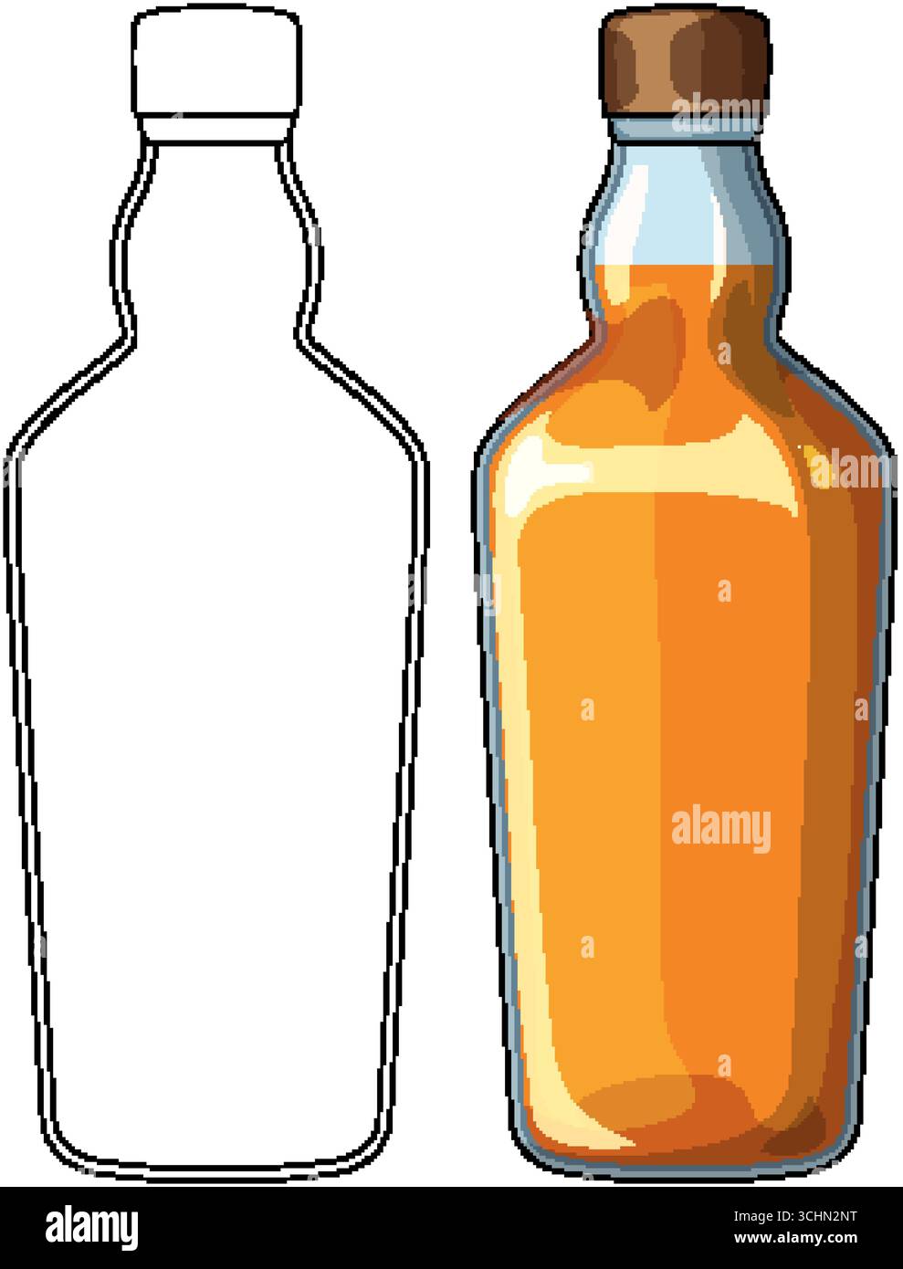 Stilvolle Vektor-Whiskyflasche mit farbigen und umrissenen Versionen in flachem, minimalem, modernem Design. Stock Vektor