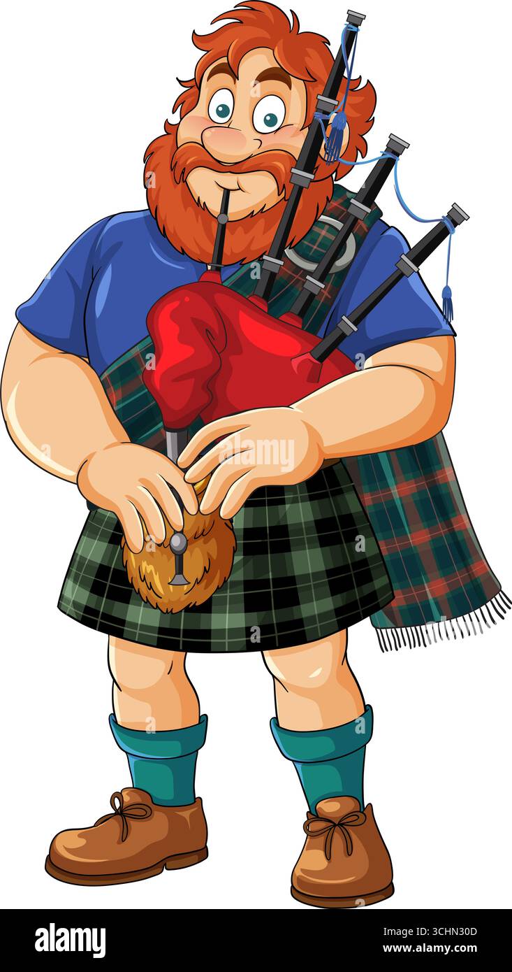Fröhlicher bärtiger schottischer Mann im Schottenkilt, der Dudelsack spielt, Cartoon-Vektor-Illustration. Stock Vektor