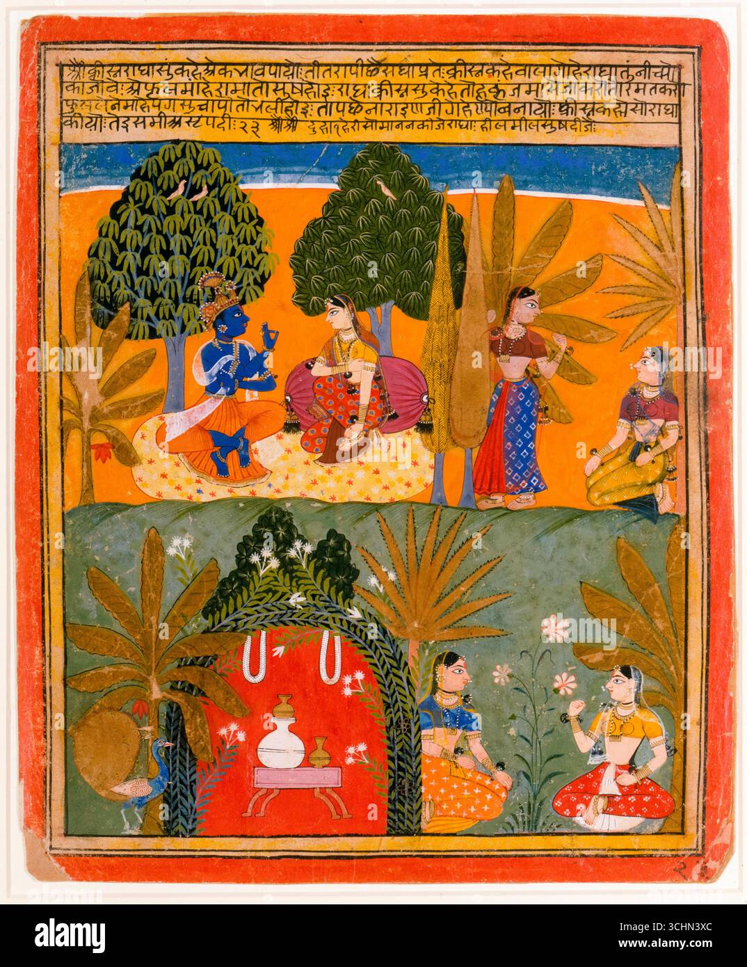 Krishna und Radha mit ihren Vertrauten, Seite aus einer verstreuten Gita Govinda, beleuchtete Handschrift Aquarellmalerei von Manohar (zugeschrieben), indische Kunst des 17. Jahrhunderts, 1655-1660 Stockfoto