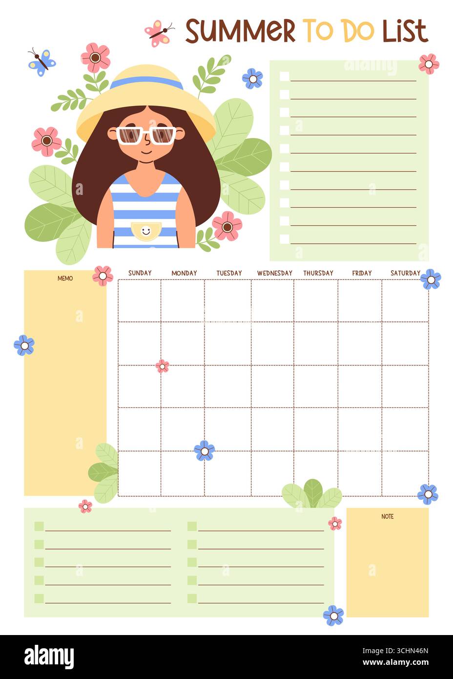 Sommerplaner. Niedliches Mädchen in Hut und Sonnenbrille mit Blumen und Schmetterlingen. Weibliche Organisatorin für Rastermonat, To-do-Liste und Notiz, Memo. Kinder Seasona Stock Vektor