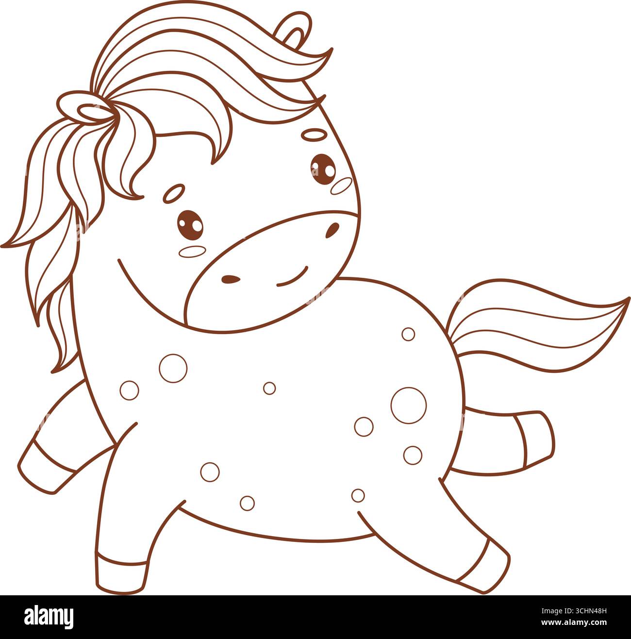 Entdecke Das Süße Kleine Charmante Pferd. Bezauberndes Cartoon Pony Kawaii Tier. Linienzeichnung, Malbuch. Vektorabbildung. Nicht AI Stock Vektor