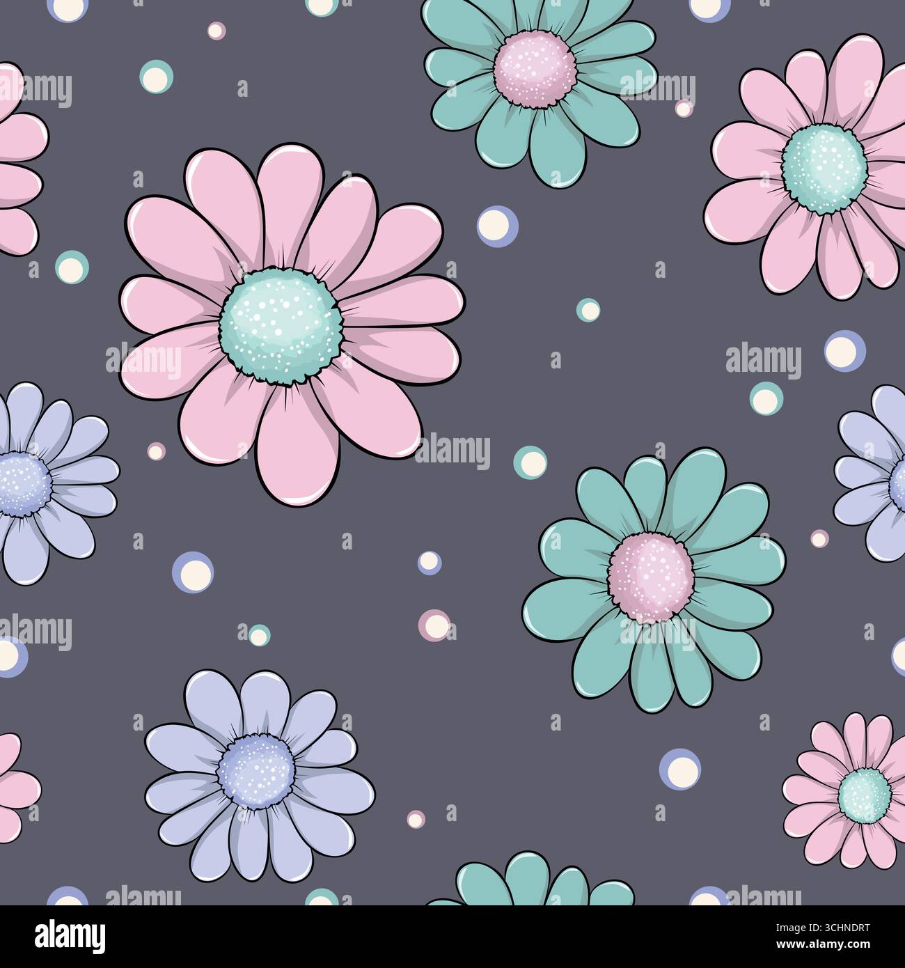 Niedliche Gänseblümchenblümchen nahtloses Muster, handgezeichnete Blumen mit bunten Polka Dots Stock Vektor