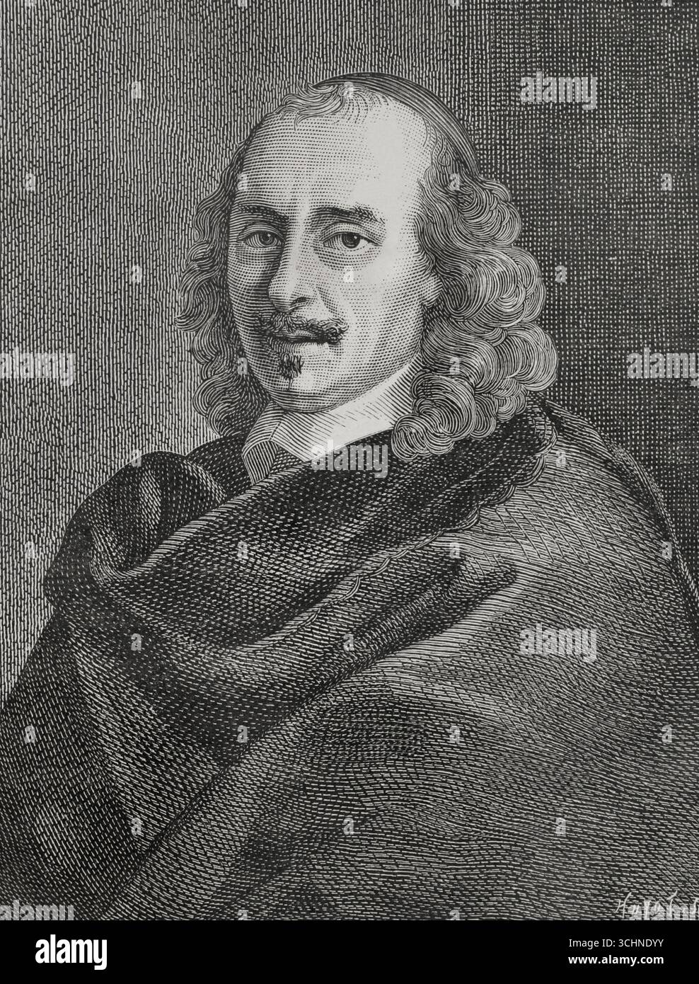 Pierre Corneille (1606-1684). Französischer Dichter und Dramatiker. Hochformat. Stich von Huyot nach einem Gemälde von Charles Le Brun (1619–1690), Stich von Thomassin. XVIIme siècle: lettres, Sciences et Arts, Frankreich 1590-1700 (17. Jahrhundert: Briefe, Wissenschaften und Künste), von Paul Lacroix. Veröffentlicht in Paris von Librairie de Firmin-Didot et Cie, 1882. Stockfoto