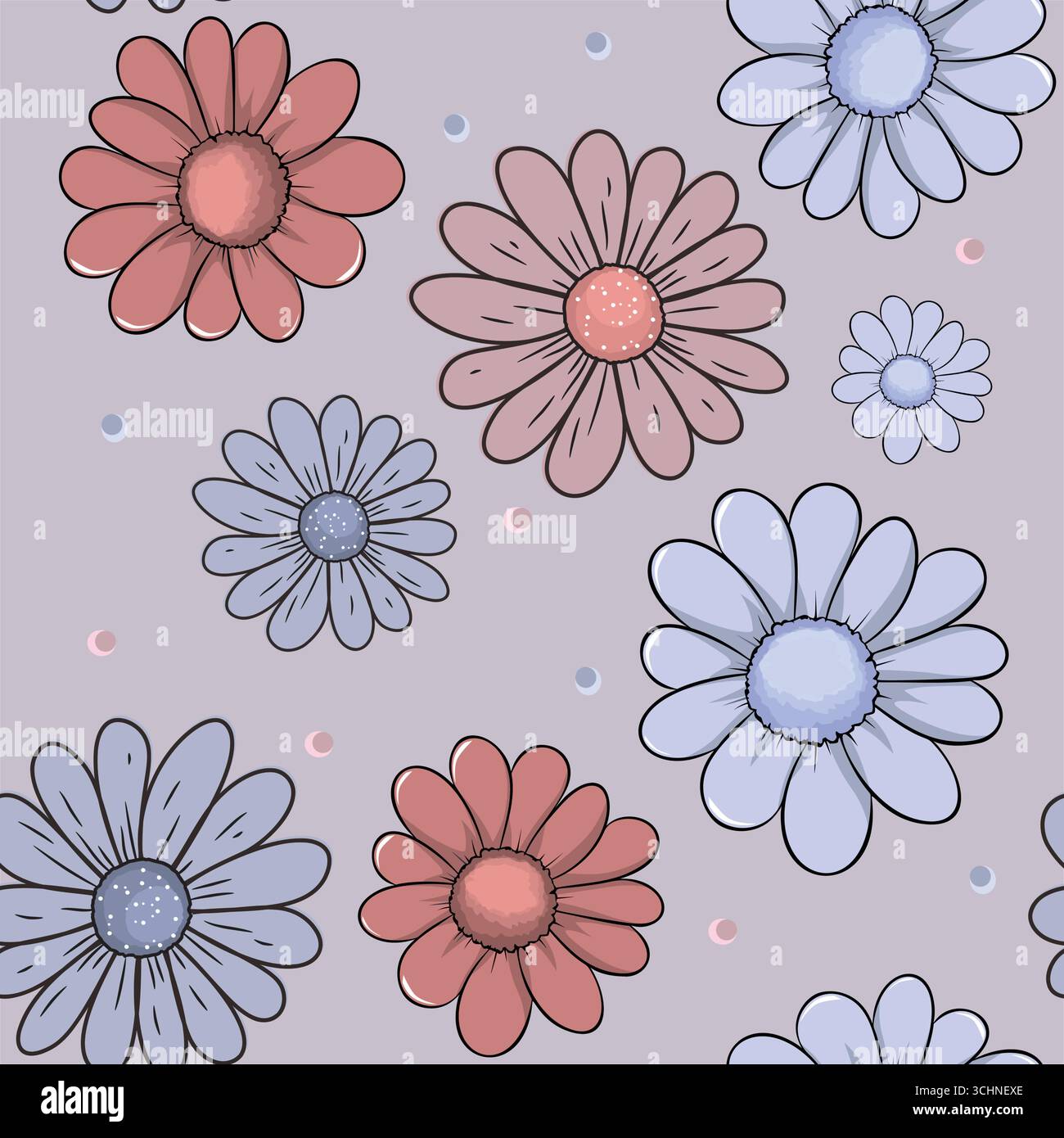 Niedliche Gänseblümchenblümchen nahtloses Muster, handgezeichnete Blumen mit bunten Polka Dots Stock Vektor