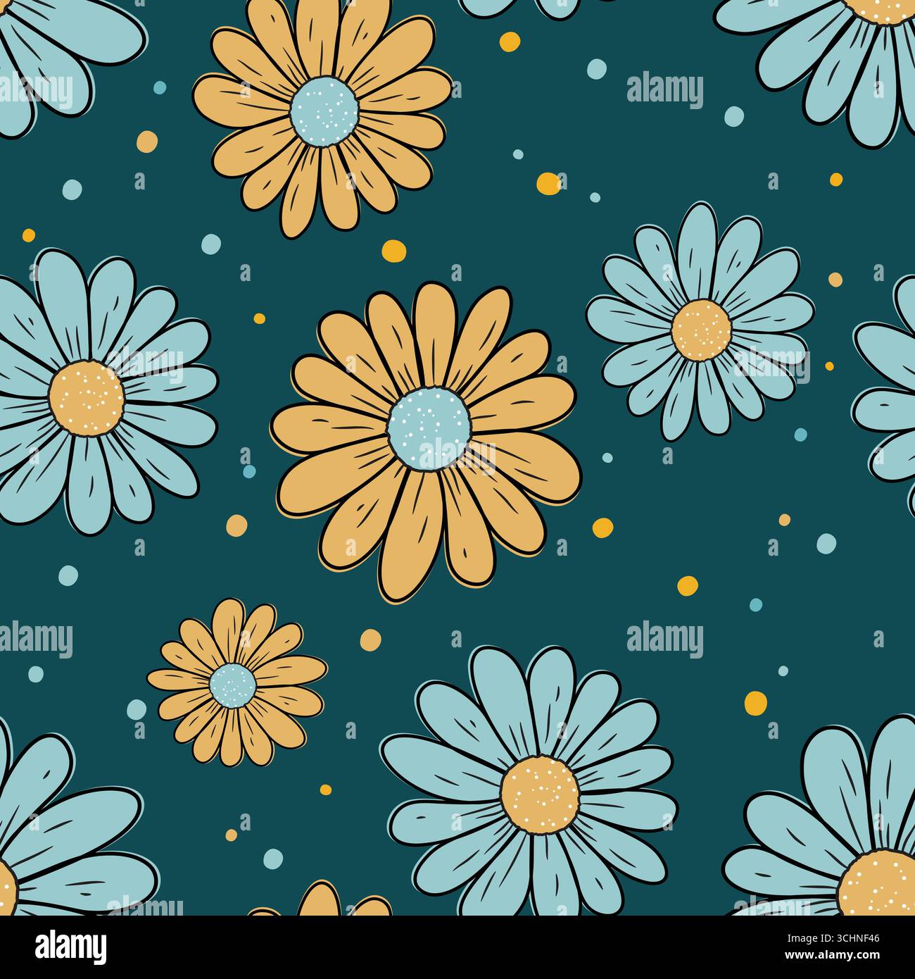 Niedliche Gänseblümchenblümchen nahtloses Muster, handgezeichnete Blumen mit bunten Polka Dots Stock Vektor