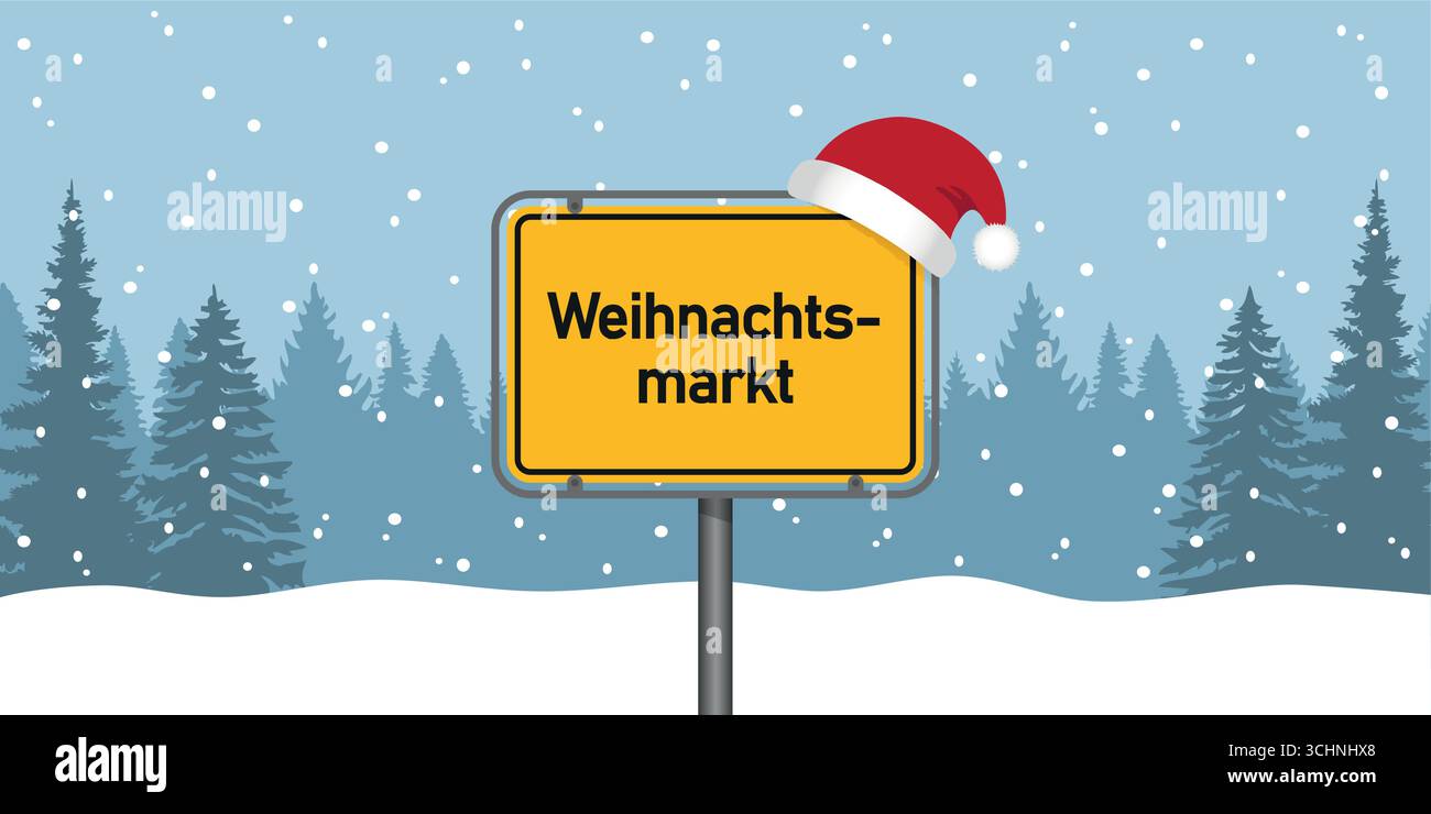 Platzieren Sie Schild mit deutschem Wort weihnachtsmarkt in der verschneiten Winterlandschaft Vektor-Illustration Stock Vektor