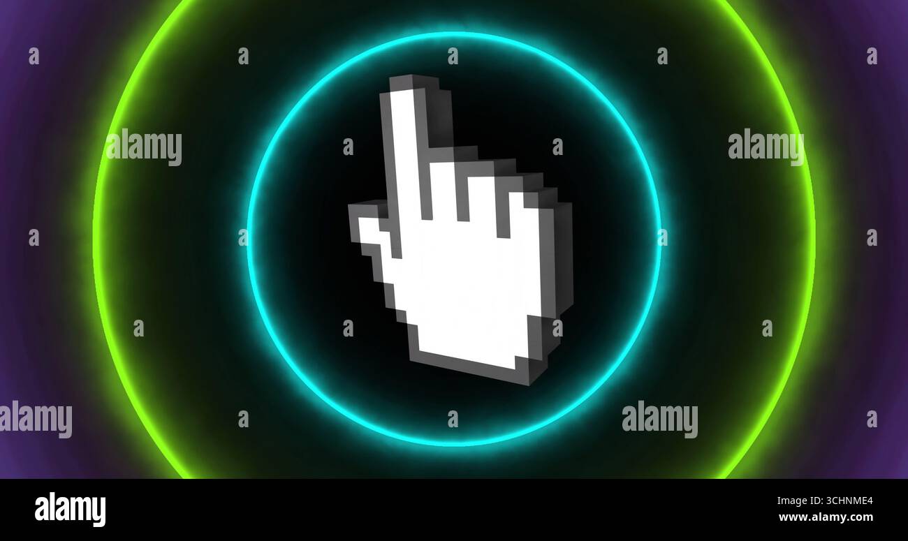Stilisierter, weißer Handcursor mit Pixelart, der im digitalen Grafikraum schwebt, mit Neonringen Stockfoto