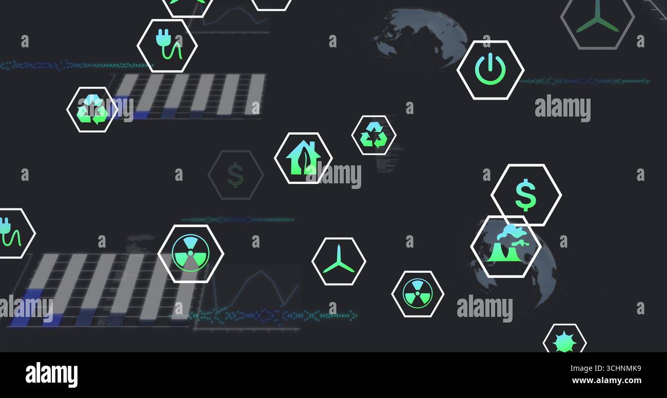 Grüne sechseckige Symbole für nachhaltige Energie auf dem Armaturenbrett mit Diagrammen im Glitch-Stil Stockfoto
