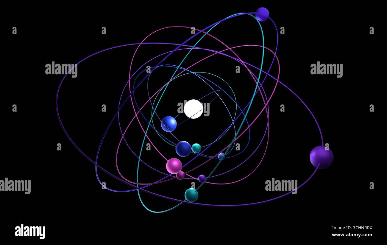 Farbenfrohes 3D-Elektronen-Orbitalmodell des Atoms mit elliptischen Pfaden und Kernen auf schwarzem Hintergrund, das die Atomstruktur und die Quantenphysik symbolisiert Stockfoto