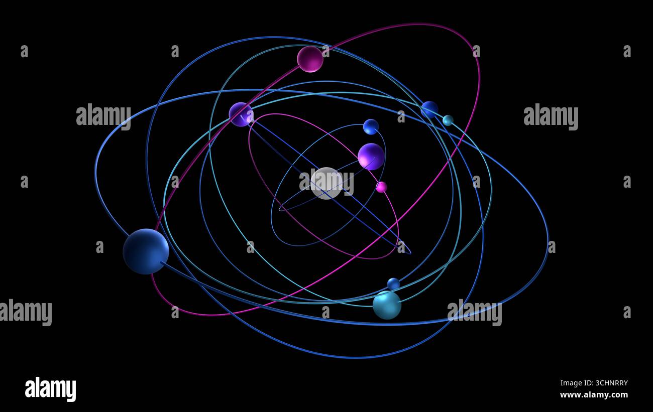 3D-Atomkernmodell mit dynamischen, mehrfarbigen Elektronenpfaden auf schwarzem Hintergrund zur Darstellung der Molekülstruktur und der wissenschaftlichen Visualisierung Stockfoto