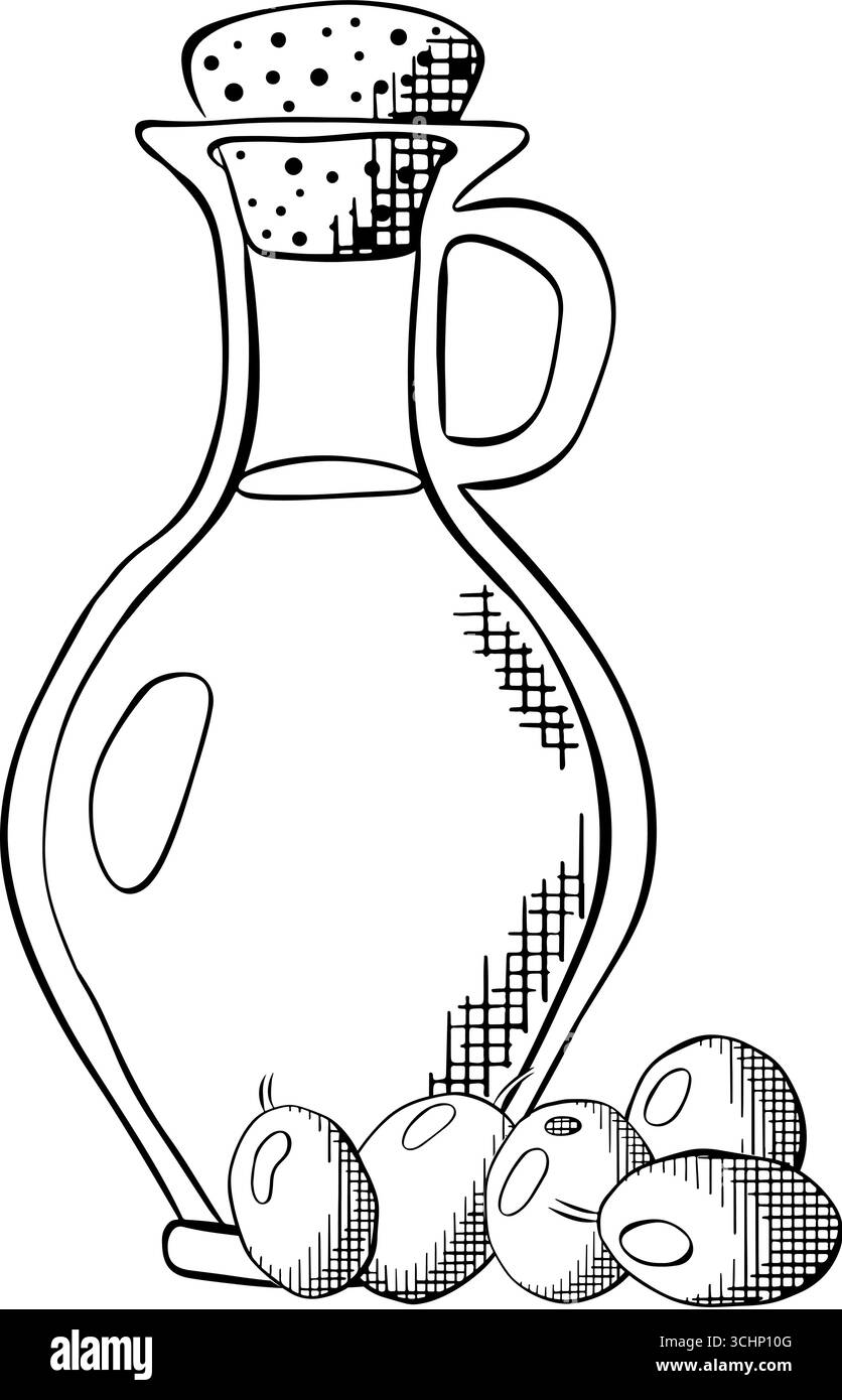 Flasche Olivenöl mit einem Olivenzweig. Zusammensetzung der Olivenölflasche. Vektorgrafik Tinte Schwarz-weiß-Illustration. Olivenöl, Flasche, Zweig Stock Vektor