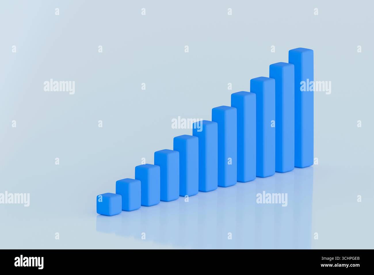 Abstrakte 3D-Illustration eines blauen vertikalen Balkendiagramms mit Wachstum auf hellem pastellfarbenem Hintergrund. Sauberes, modernes Geschäftskonzept. Stockfoto
