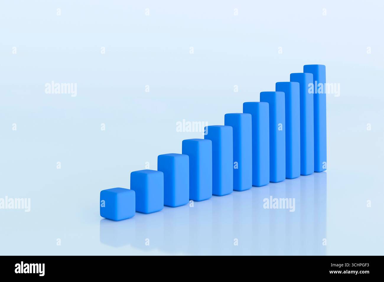 Abstrakte 3D-Illustration eines blauen vertikalen Balkendiagramms mit Wachstum auf hellem pastellfarbenem Hintergrund. Sauberes, modernes Geschäftskonzept. Stockfoto