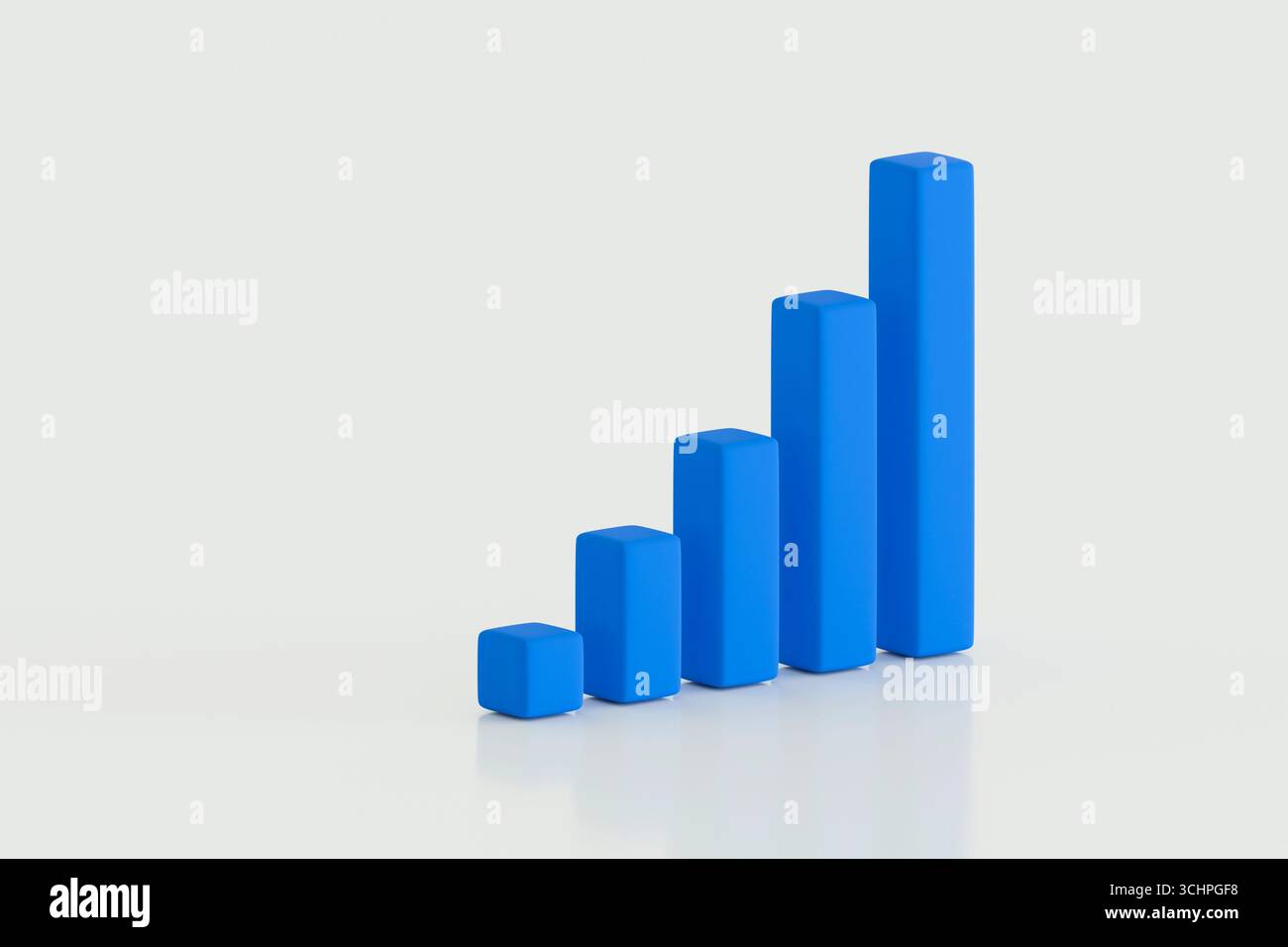 Abstrakte 3D-Illustration eines blauen vertikalen Balkendiagramms mit Wachstum auf hellem pastellfarbenem Hintergrund. Sauberes, modernes Geschäftskonzept. Stockfoto