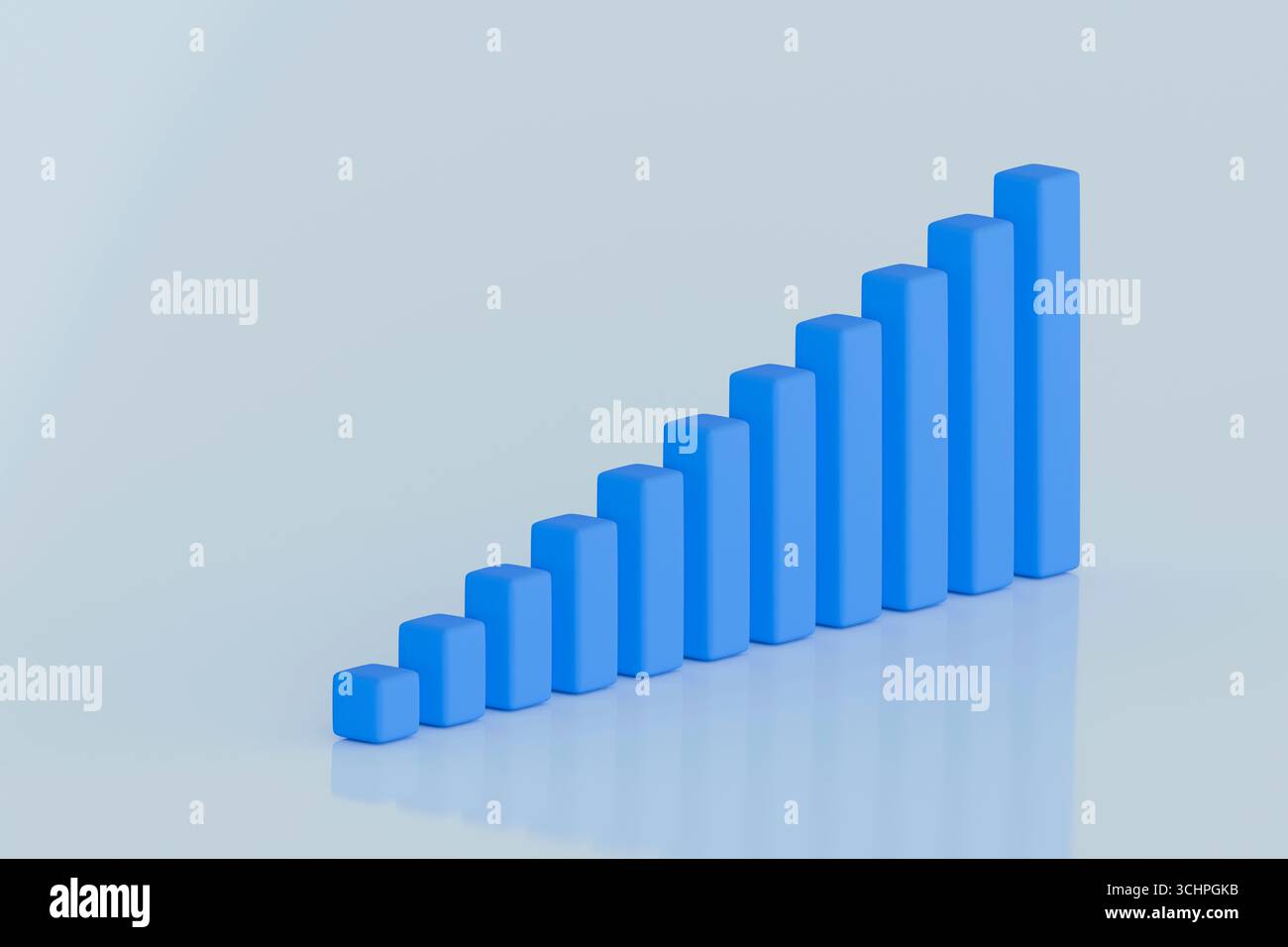 Abstrakte 3D-Illustration eines blauen vertikalen Balkendiagramms mit Wachstum auf hellem pastellfarbenem Hintergrund. Sauberes, modernes Geschäftskonzept. Stockfoto